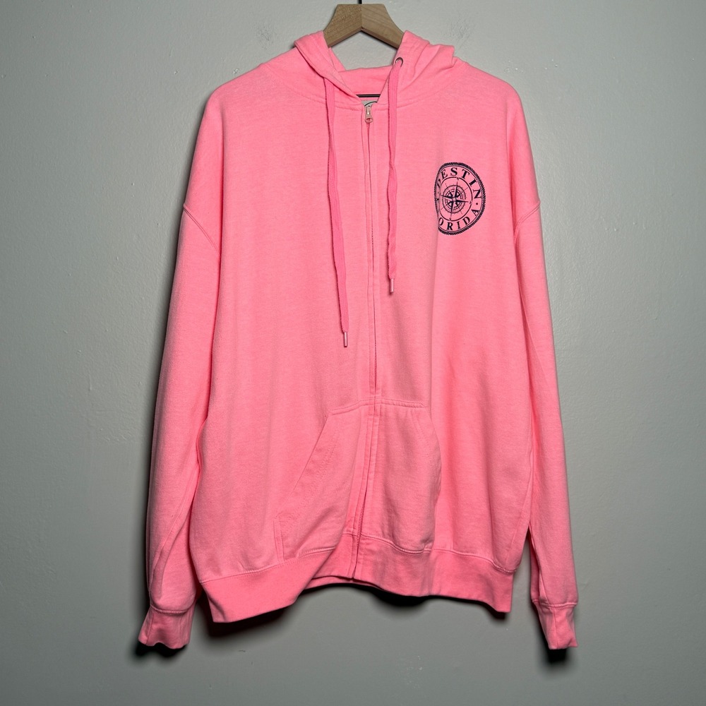 Pacific & Co Womens Zip‎ Up Hoodie 2XL Neon Pink Destin Florida Vacation Sweater